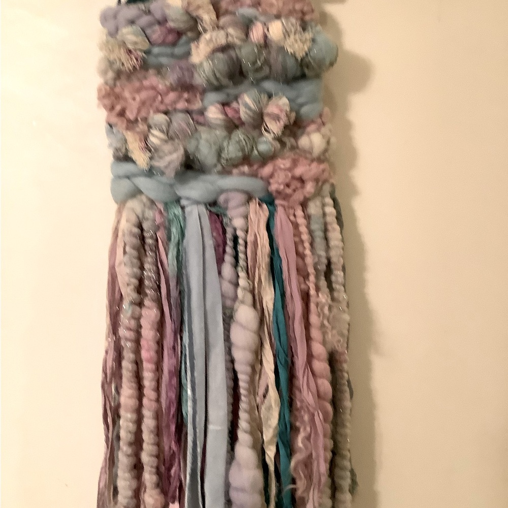 Handmade Woven Wall Hanging in pastel, shades mixed fibers, pinks, blues